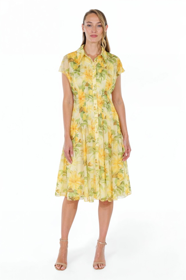 Mikael Aghal Yellow Floral Button-Front Midi Dress