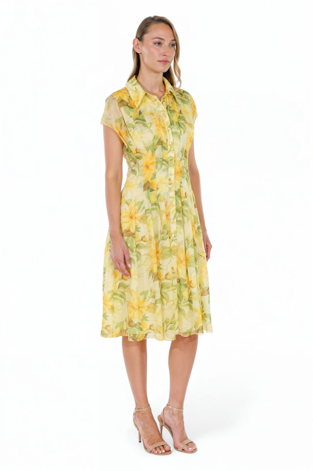 Mikael Aghal Yellow Floral Button-Front Midi Dress