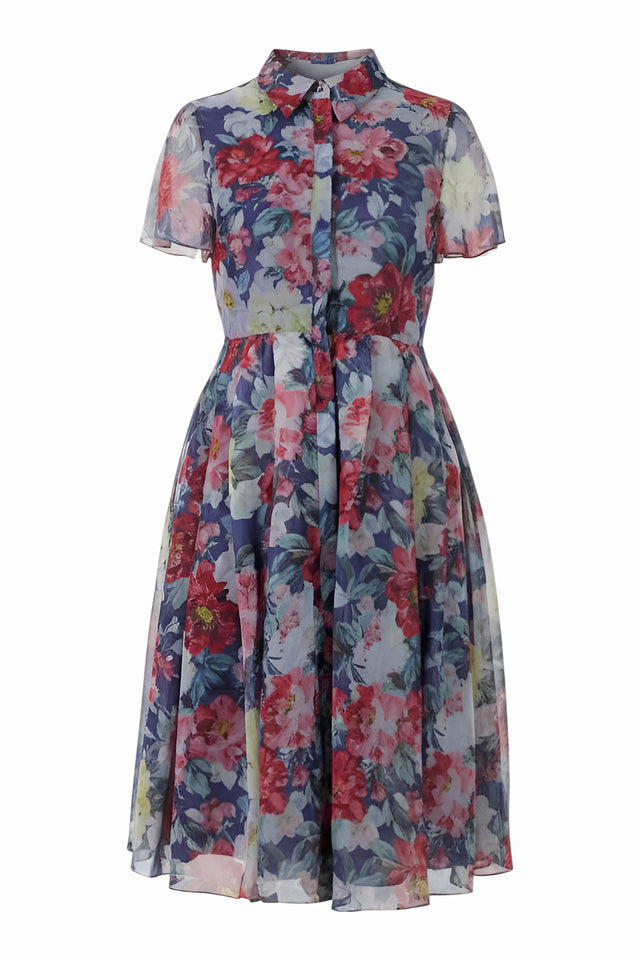 Mikael Aghal Blue Floral Sheer Shirt Dress