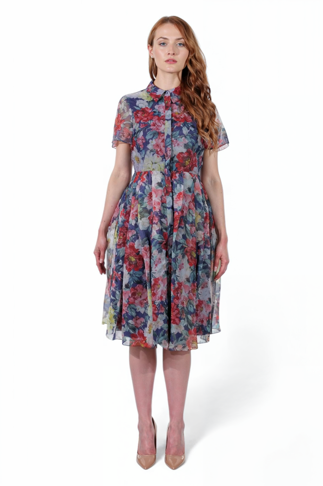 Mikael Aghal Blue Floral Sheer Shirt Dress
