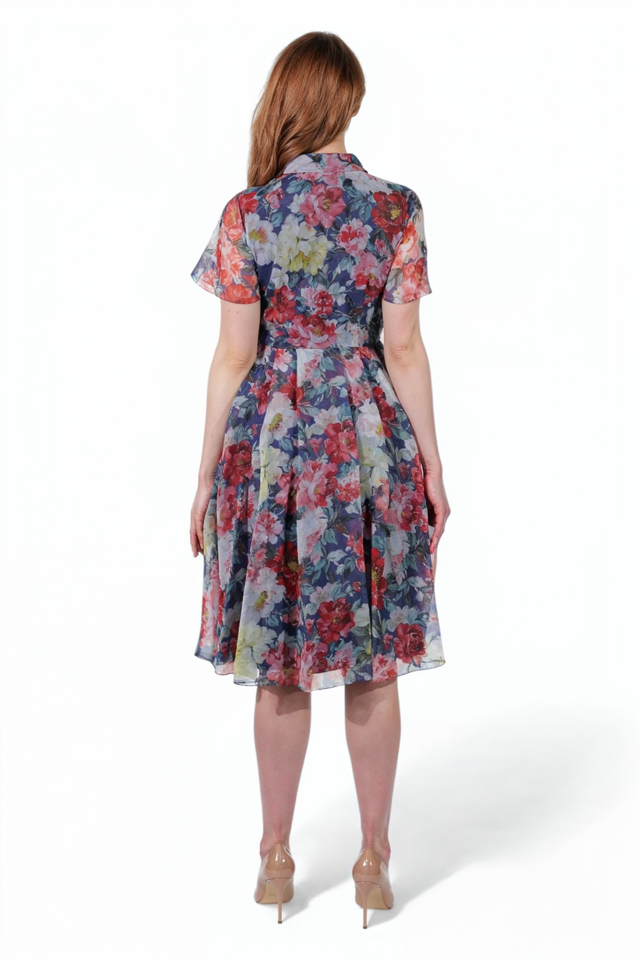 Mikael Aghal Blue Floral Sheer Shirt Dress
