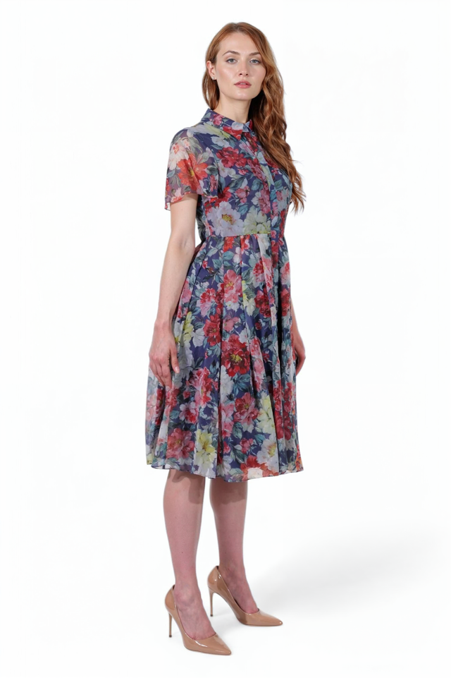 Mikael Aghal Blue Floral Sheer Shirt Dress