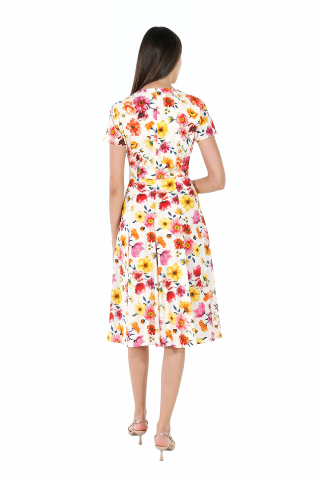 Mikael Aghal Multicolor Floral Fit-and-Flare Midi Dress