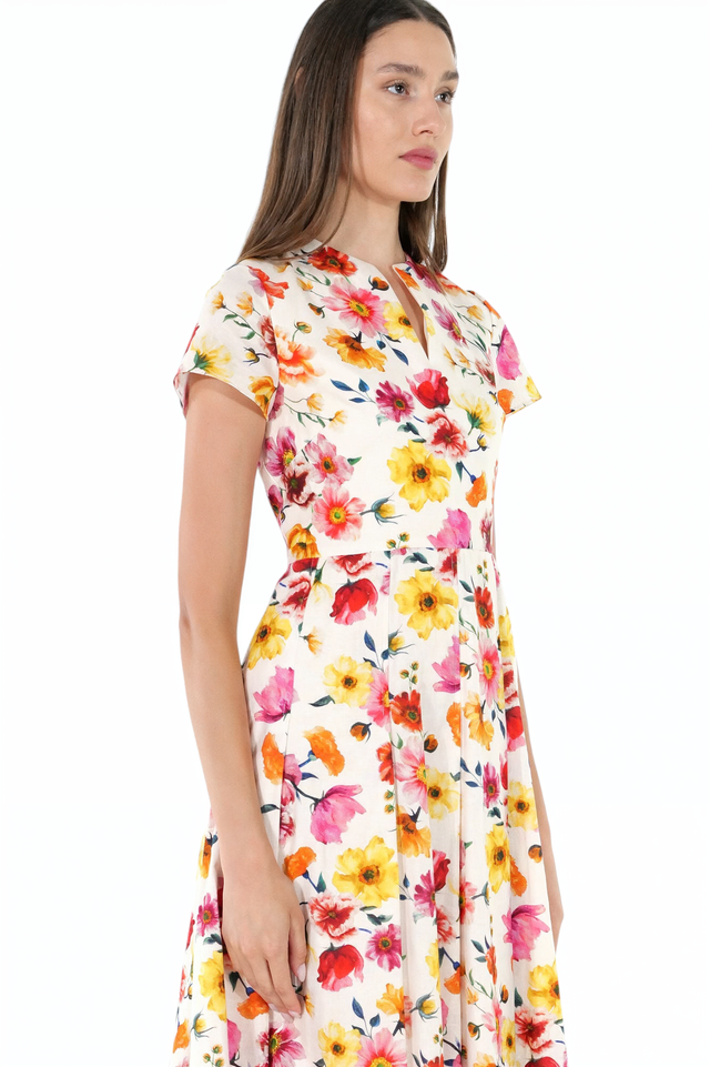 Mikael Aghal Multicolor Floral Fit-and-Flare Midi Dress