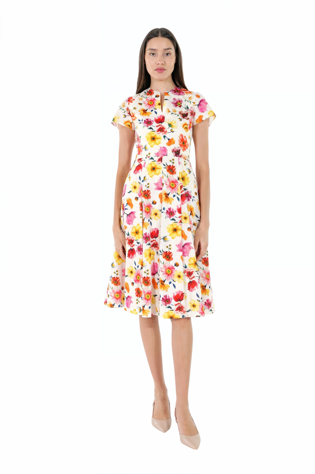 Mikael Aghal Multicolor Floral Fit-and-Flare Midi Dress