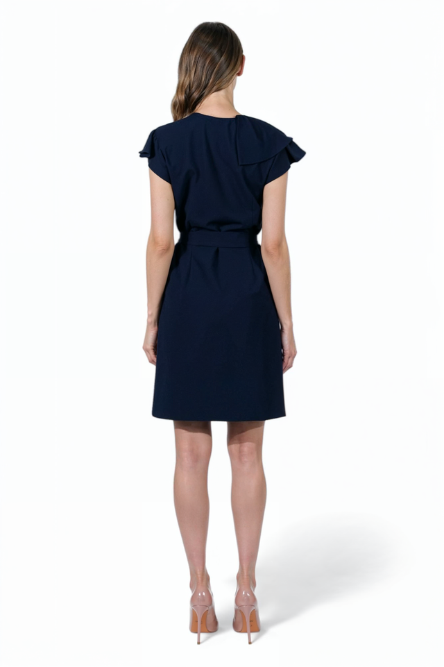 Mikael Aghal Navy Ruffle Detail Belted Shirt Dress