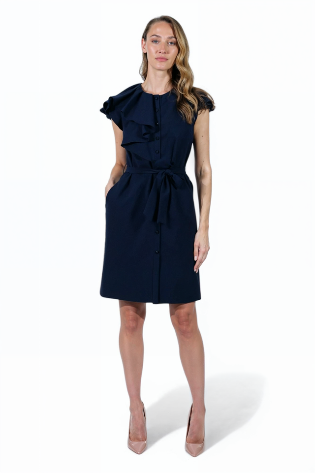 Mikael Aghal Navy Ruffle Detail Belted Shirt Dress