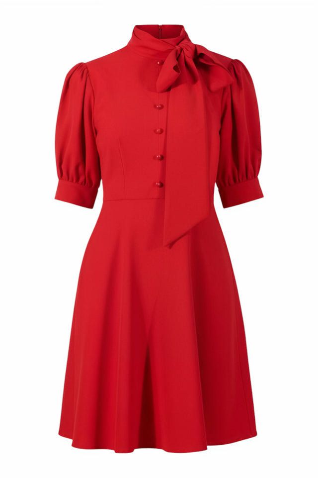 Mikael Aghal Red Crepe Fit-and-Flare Dress with Bow Tie Neck