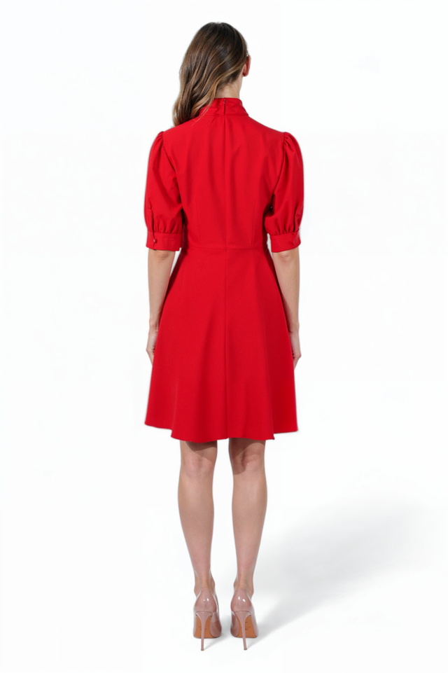 Mikael Aghal Red Crepe Fit-and-Flare Dress with Bow Tie Neck