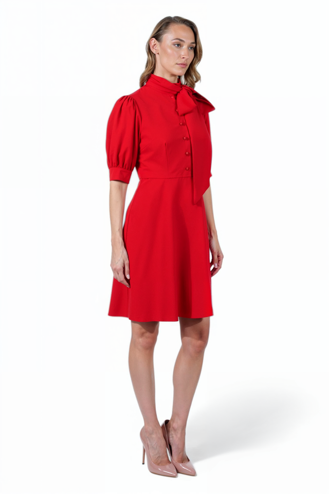 Mikael Aghal Red Crepe Fit-and-Flare Dress with Bow Tie Neck