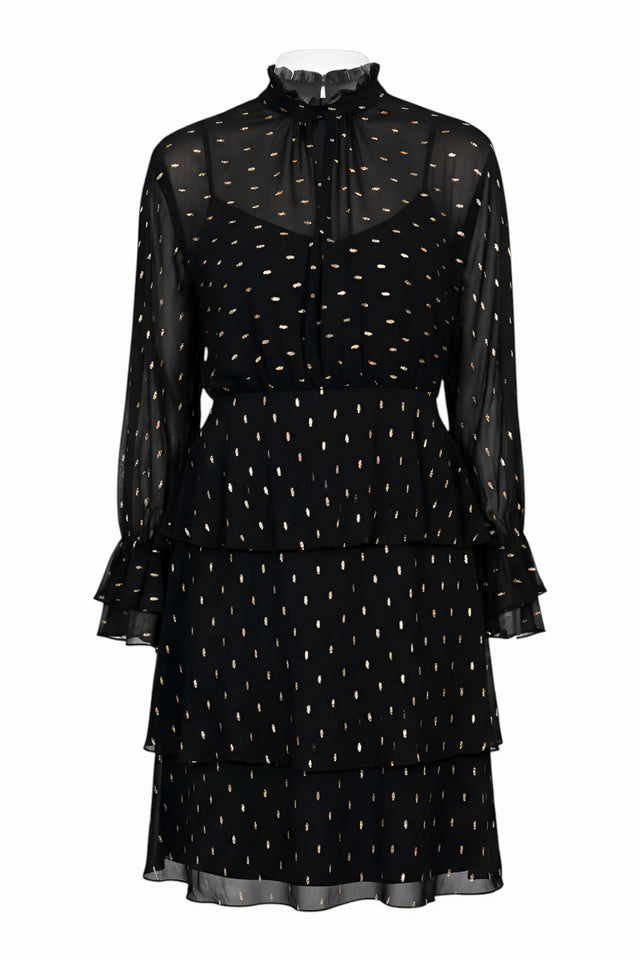 Mikael Aghal Black Metallic Dot Chiffon Tiered Dress with Ruffle Details