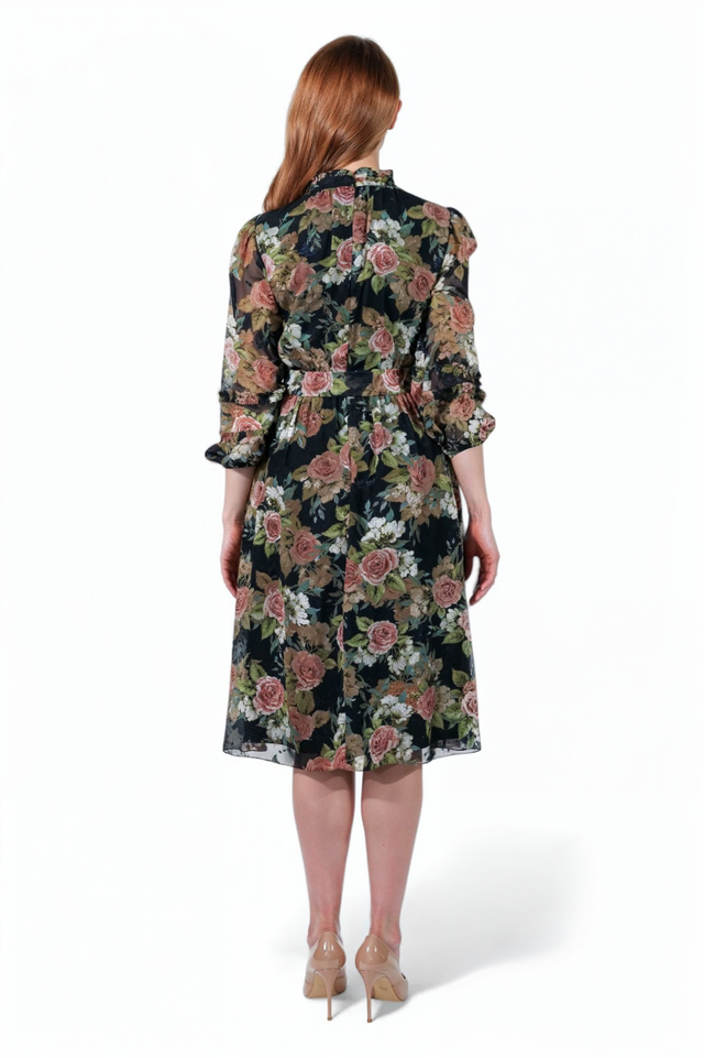 Mikael Aghal Floral Print Chiffon Midi Dress with Tie Neck