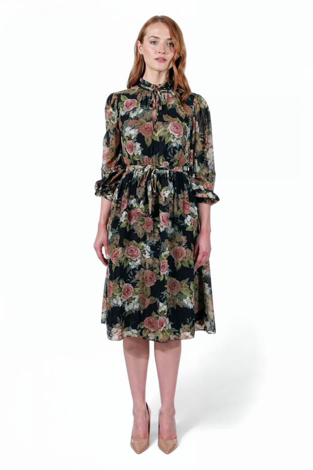 Mikael Aghal Floral Print Chiffon Midi Dress with Tie Neck