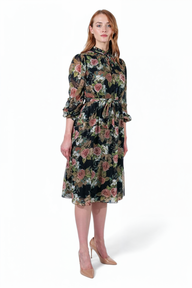 Mikael Aghal Floral Print Chiffon Midi Dress with Tie Neck