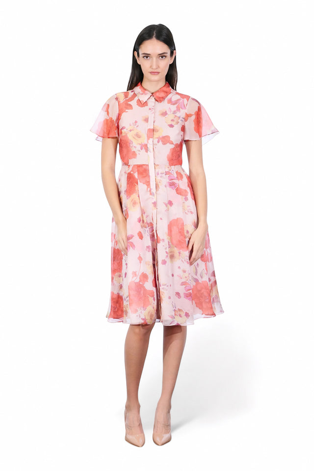 MSA Haute Couture pink floral print midi dress with short flutter sleeves and a collared neckline.