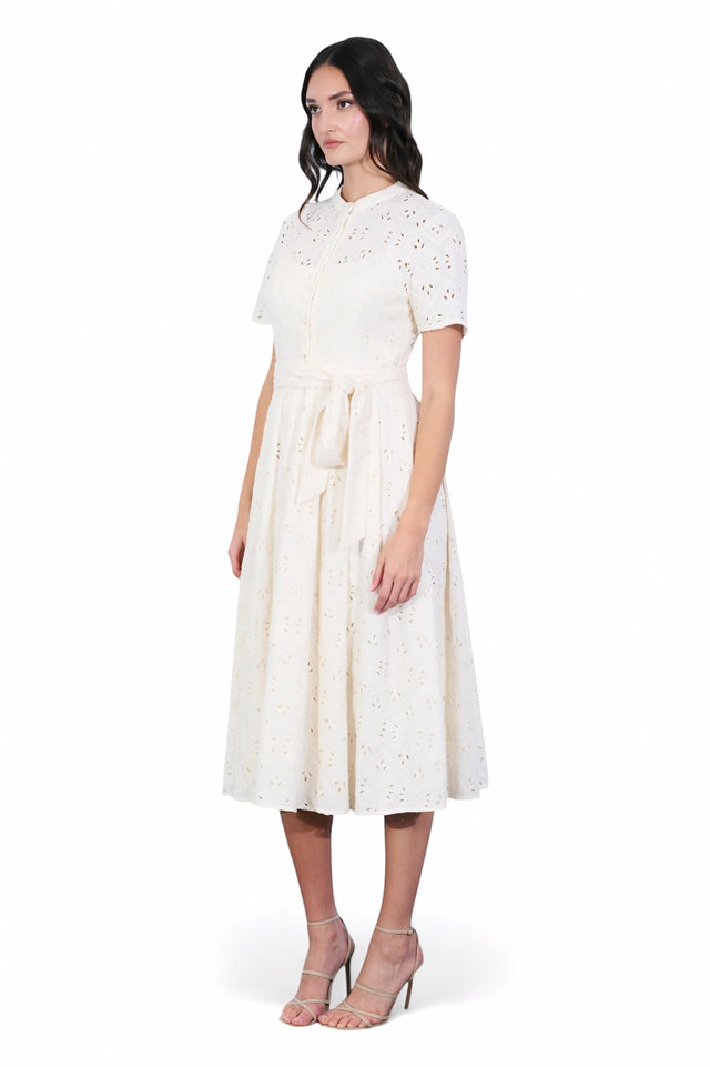 MSA Haute Couture ivory eyelet midi dress with short sleeves, tie waist, and button-front bodice. Perfect for summer events.
