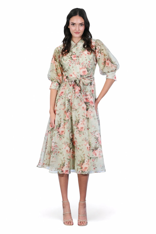 MSA Haute Couture sage green midi dress with pink floral print, tie waist, and three-quarter sleeves.