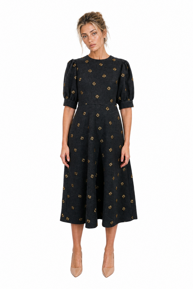 Mikael Aghal women's embroidered puff-sleeve midi dress in charcoal grey and gold