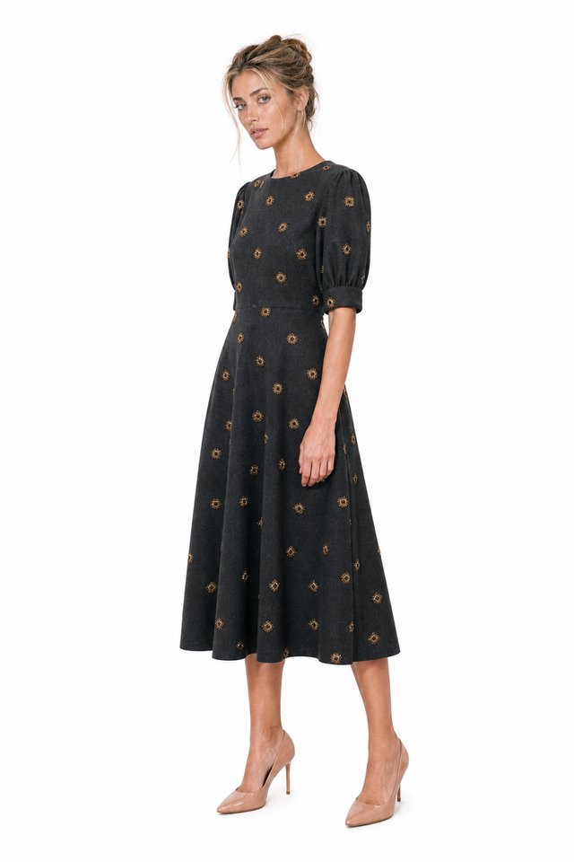 Mikael Aghal women's embroidered puff-sleeve midi dress in charcoal grey and gold