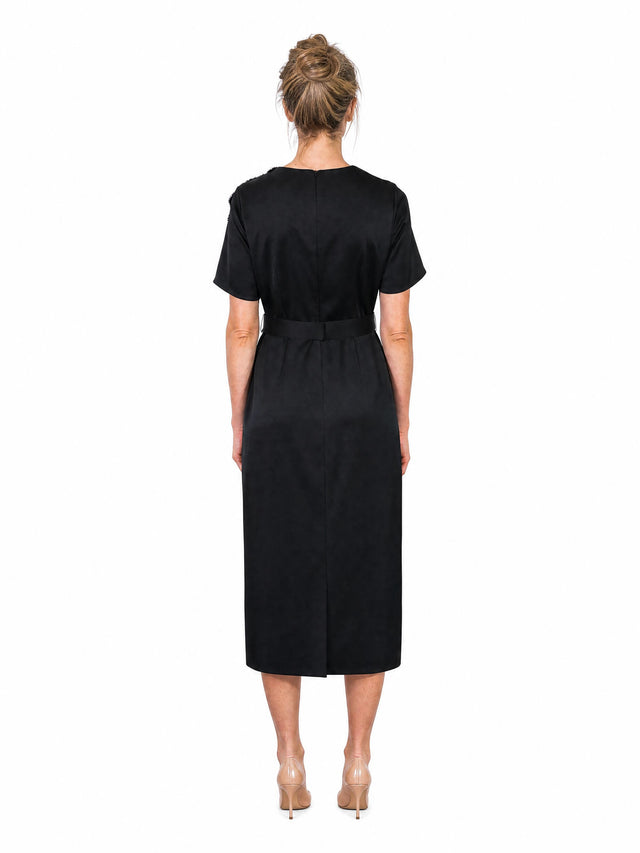 Mikael Aghal women's crystal floral beaded short-sleeve midi sheath dress in black