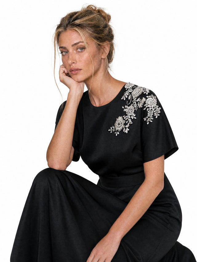 Mikael Aghal women's crystal floral beaded short-sleeve midi sheath dress in black
