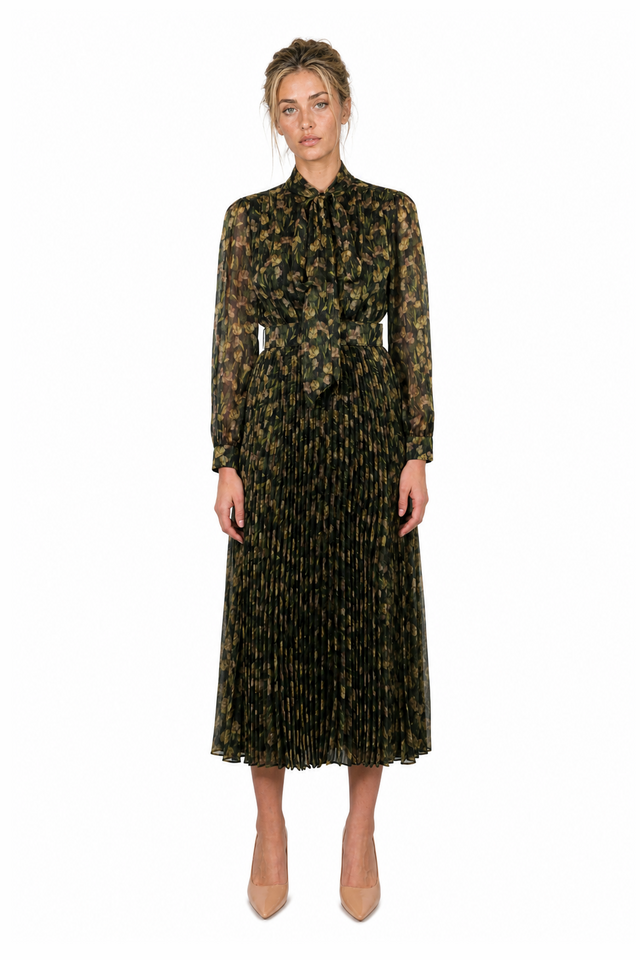 Mikael Aghal women's floral chiffon pleated tie-neck midi dress in olive and moss green