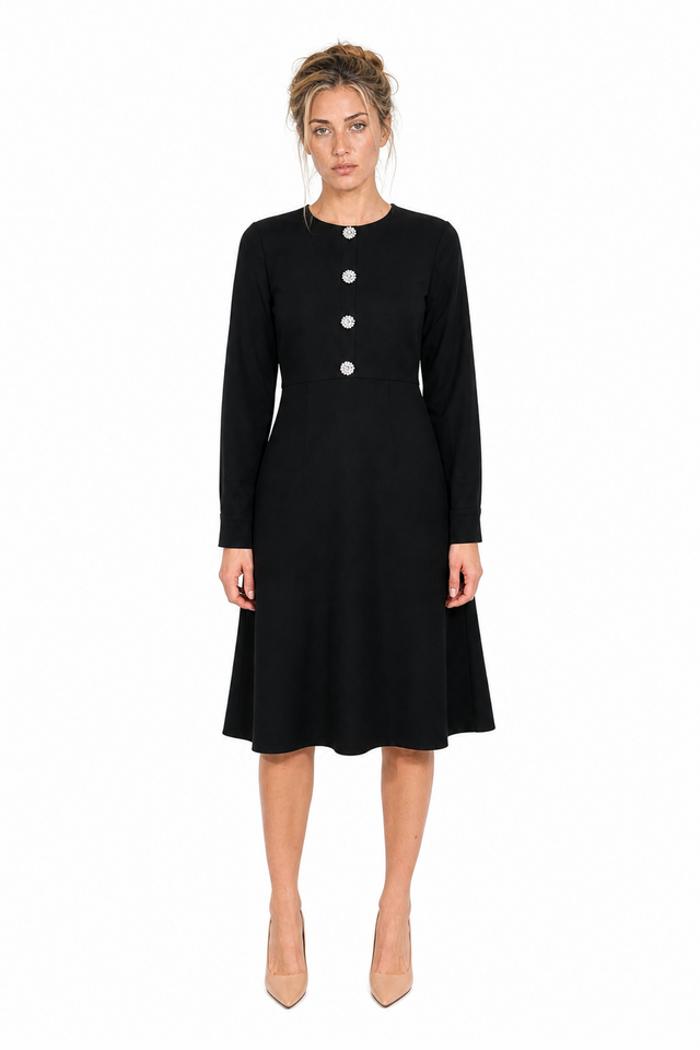 Mikael Aghal women's crystal-embellished long-sleeve midi dress in black