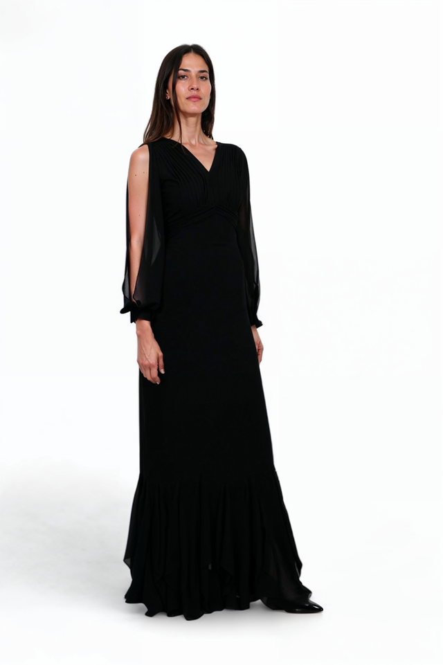 Mikael Aghal Black Gown with Sheer Split Sleeves and Ruffled Hem