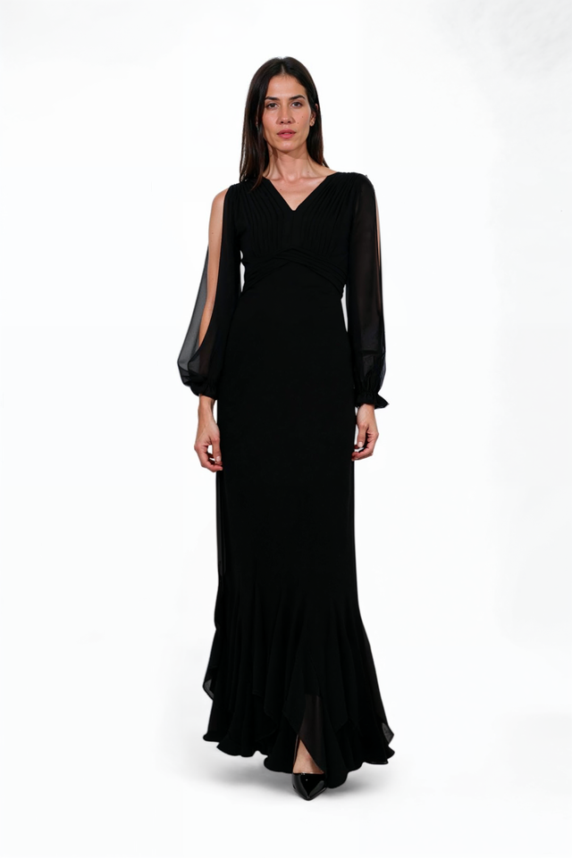 Mikael Aghal Black Gown with Sheer Split Sleeves and Ruffled Hem