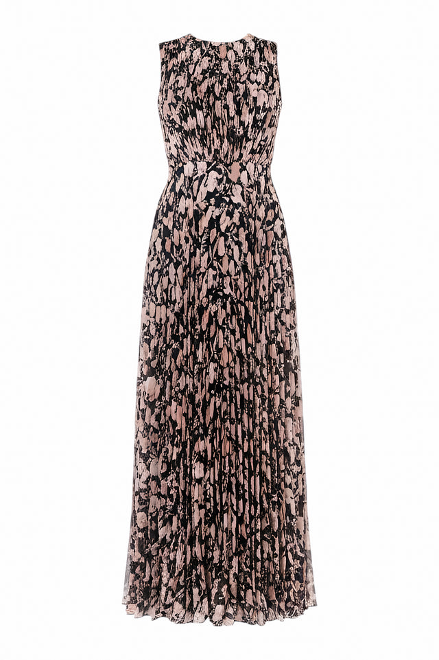 Mikael Aghal Sleeveless Floral Pleated Gown