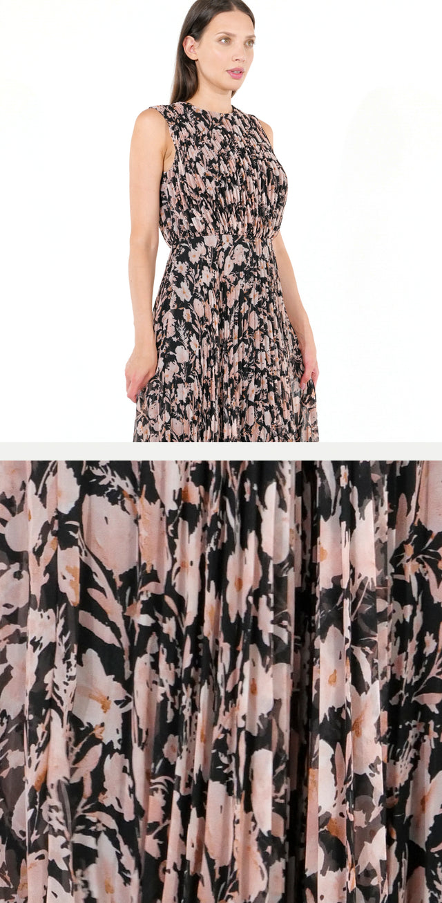 Mikael Aghal Sleeveless Floral Pleated Gown