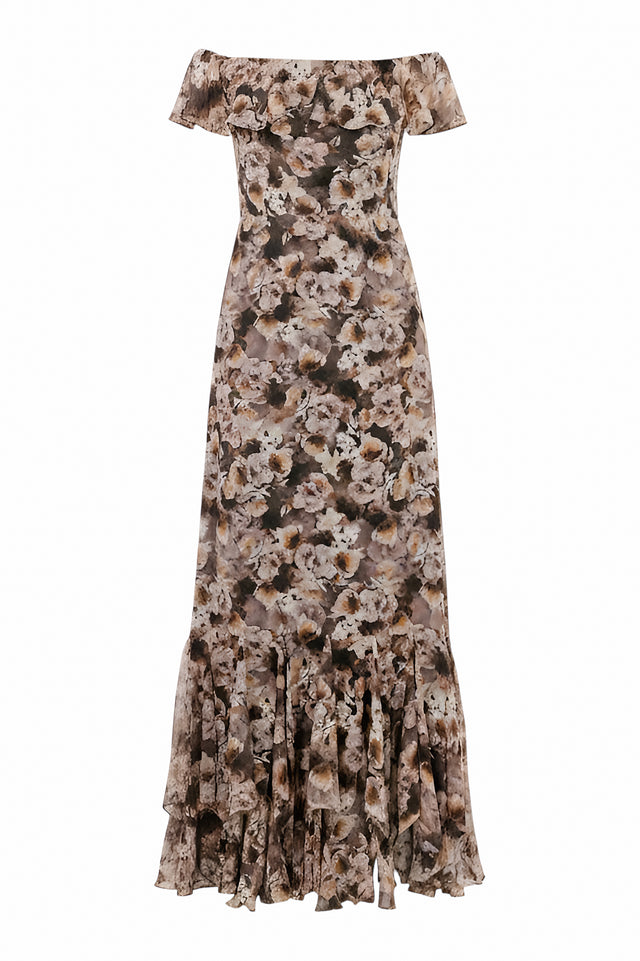 Mikael Aghal Off-Shoulder Floral Maxi Gown