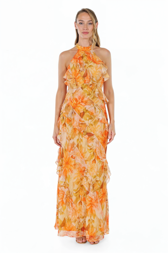 Mikael Aghal Floral Ruffle Halter Gown