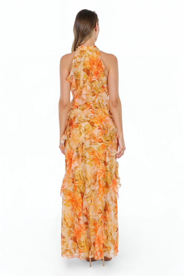 Mikael Aghal Floral Ruffle Halter Gown