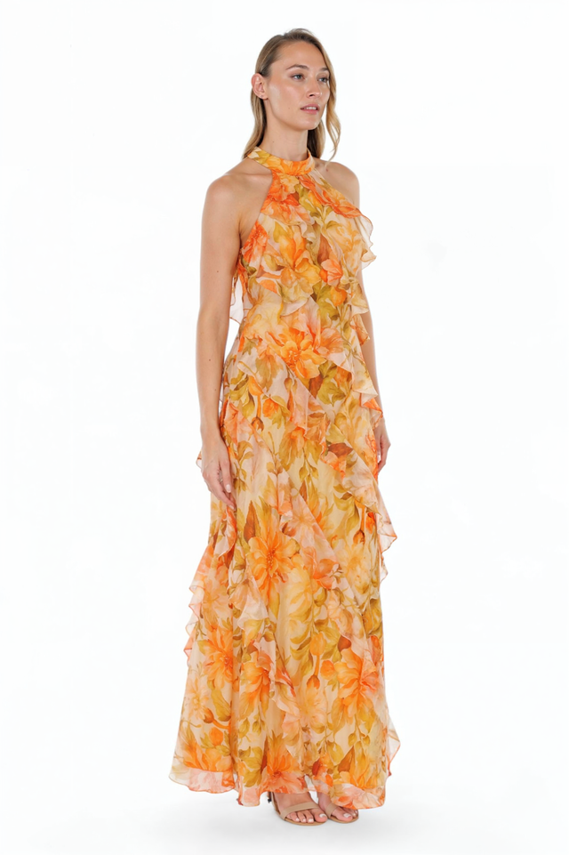 Mikael Aghal Floral Ruffle Halter Gown