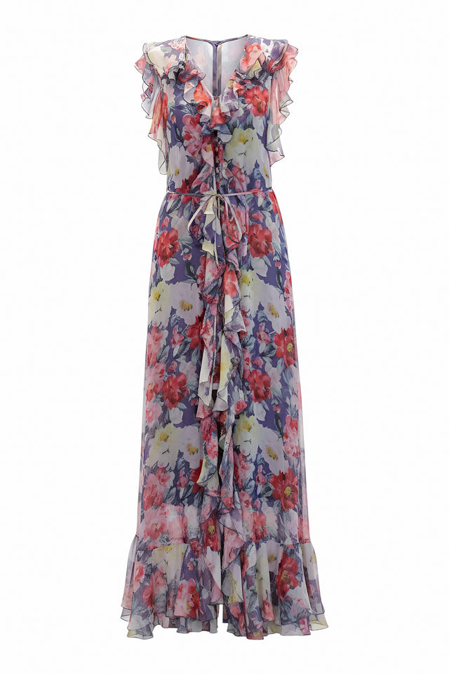 Mikael Aghal Blue Floral Ruffled Maxi Dress