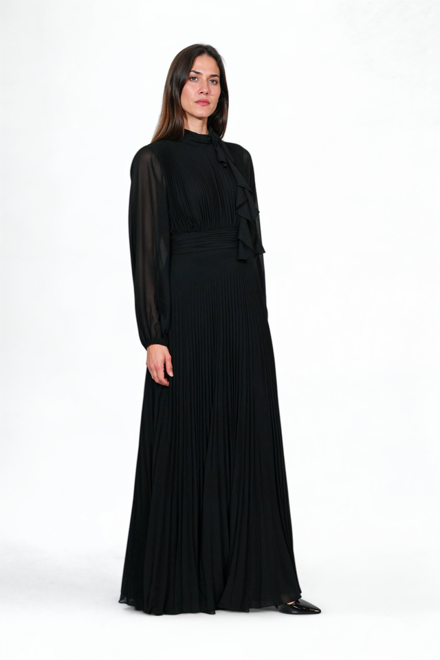 Mikael Aghal Black Pleated Chiffon Maxi Dress with Neck Tie