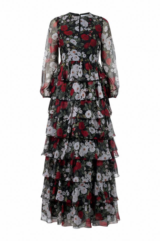 Mikael Aghal Floral Tiered Chiffon Maxi Dress
