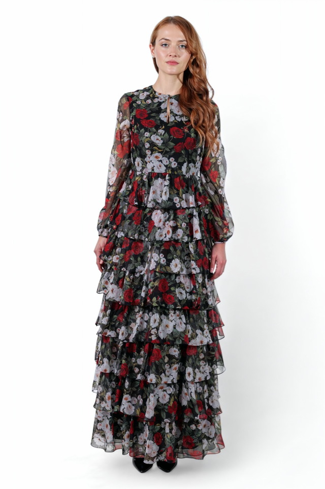 Mikael Aghal Floral Tiered Chiffon Maxi Dress