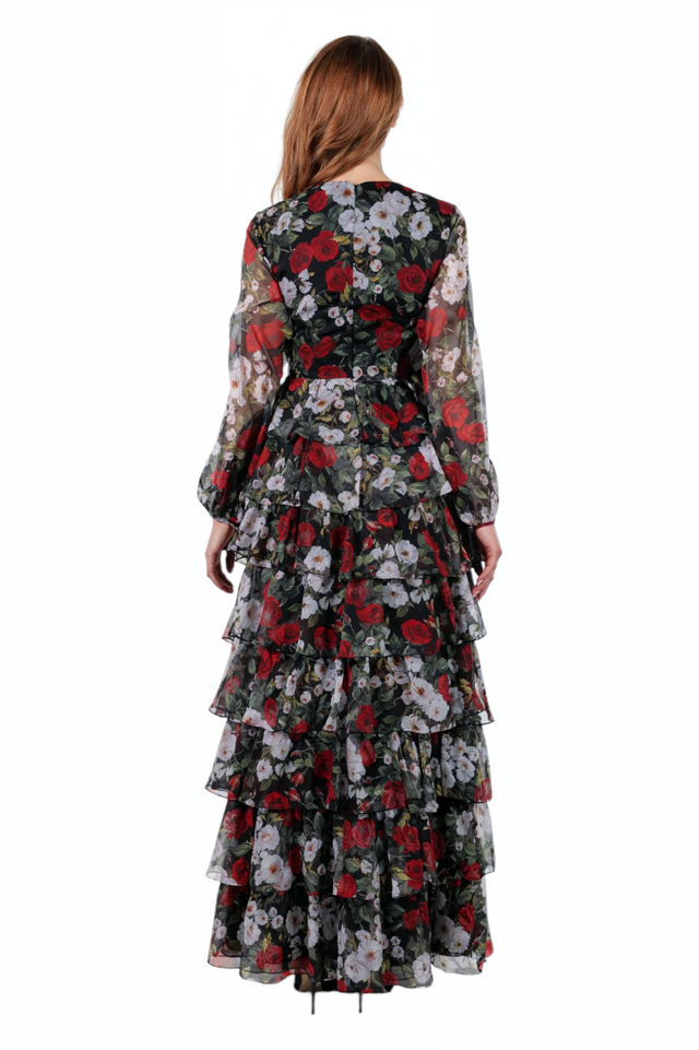 Mikael Aghal Floral Tiered Chiffon Maxi Dress
