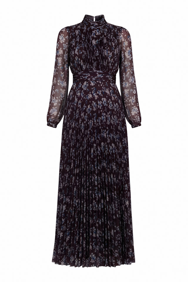 Mikael Aghal Floral Pleated Chiffon Maxi Dress