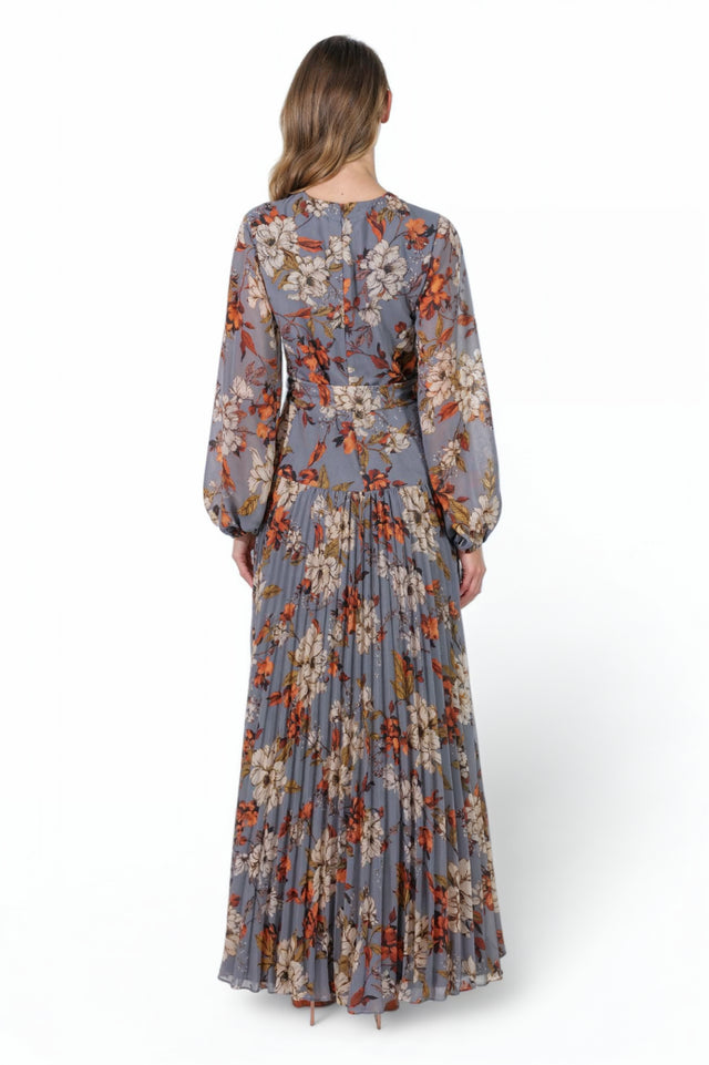 Mikael Aghal Blue Floral Pleated Chiffon Midi Dress