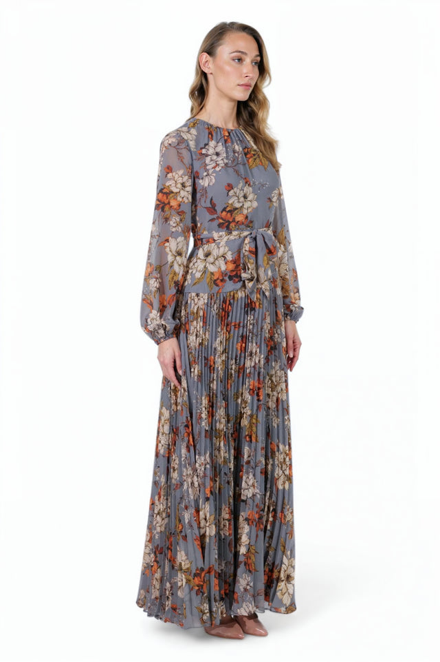 Mikael Aghal Blue Floral Pleated Chiffon Midi Dress