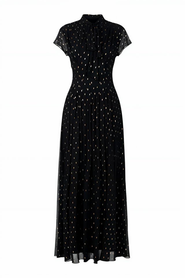 Mikael Aghal Black Gold-Dot Pleated Chiffon Gown
