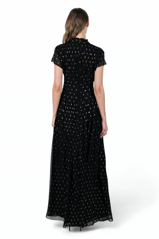 Mikael Aghal Black Gold-Dot Pleated Chiffon Gown