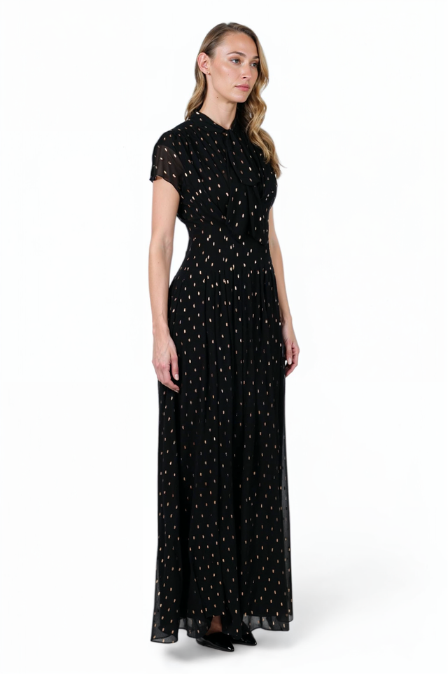 Mikael Aghal Black Gold-Dot Pleated Chiffon Gown