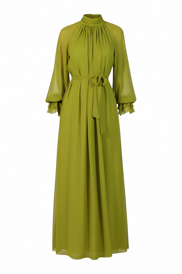 Mikael Aghal Green Belted Chiffon Maxi Dress