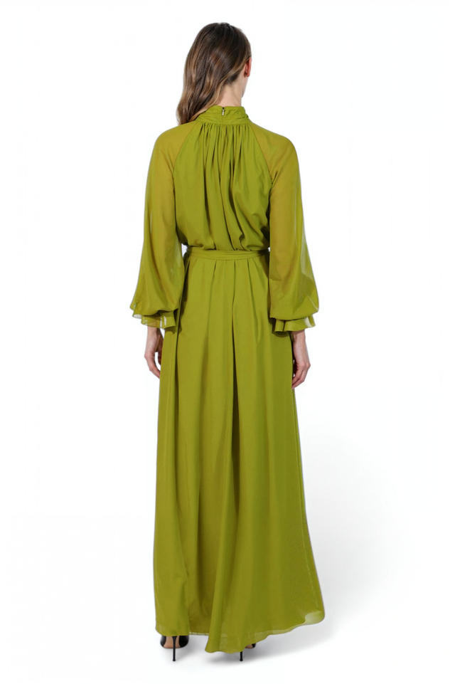 Mikael Aghal Green Belted Chiffon Maxi Dress