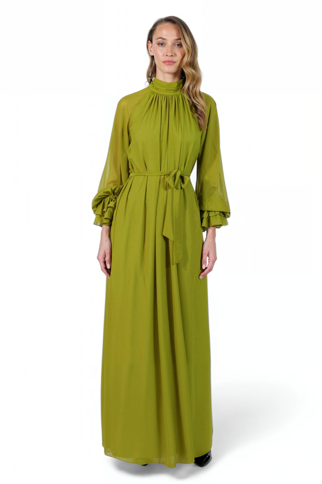 Mikael Aghal Green Belted Chiffon Maxi Dress