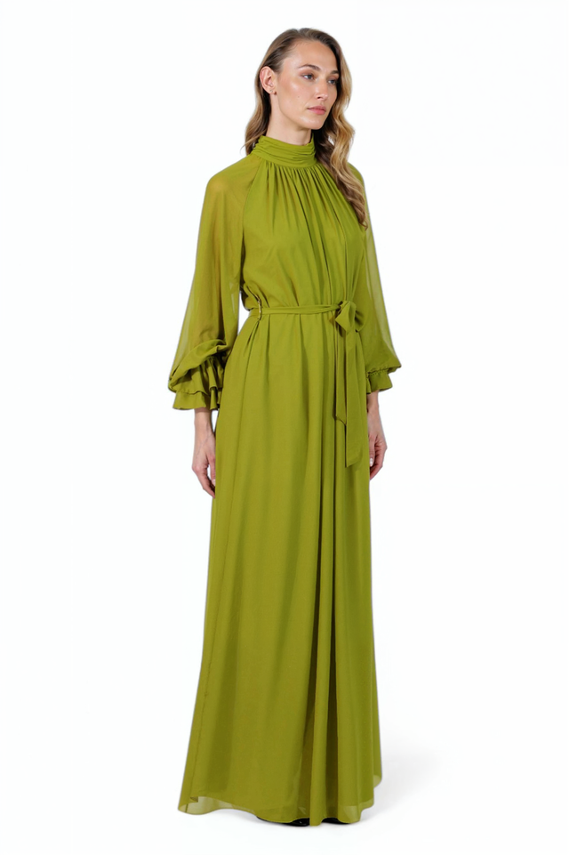 Mikael Aghal Green Belted Chiffon Maxi Dress